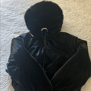 VSX Shiny Black Ski Jacket with faux black Fur Hood